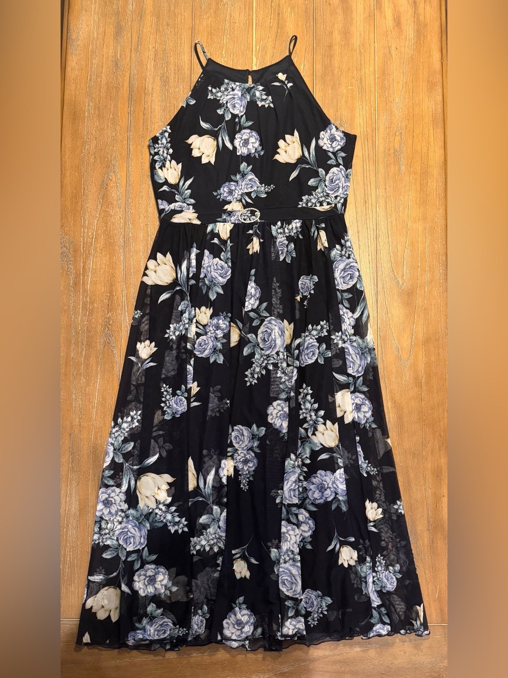 Enfocus Studio Black Maxi Dress with Blue and Cream Floral Print